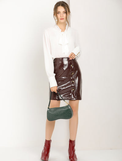 Allegra K Button Front High Waist Bodycon Above Knee Patent Leather Skirt