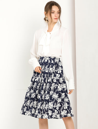 Allegra K Office Work Floral Print Elastic Waist Pleated Flare Midi Skirt