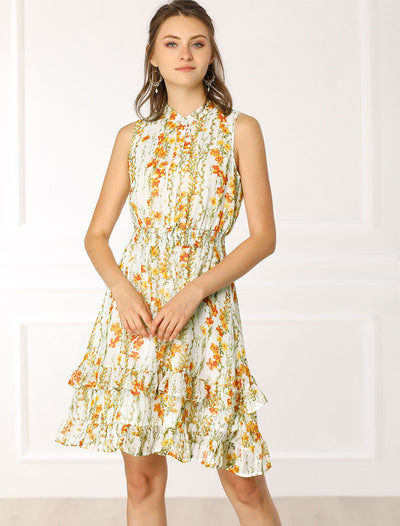 Floral A-line Smocked Waist Tiered Ruffled Chiffon Mini Dress