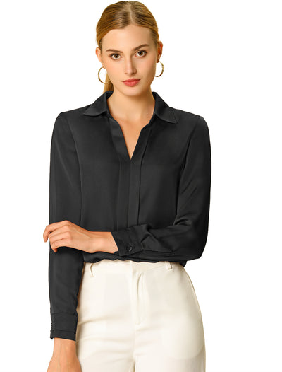 Satin Blouse Elegant V Neck Long Sleeve Silky Office Work Shirt