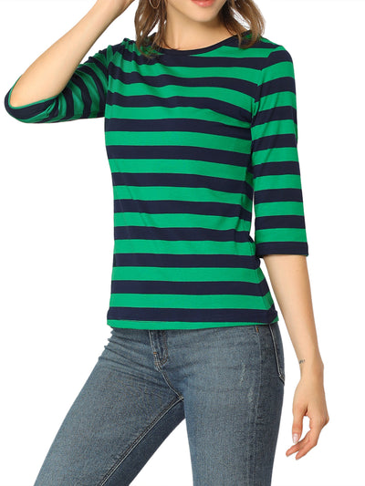 Striped Elbow Sleeve Round Neck Casual T-Shirt