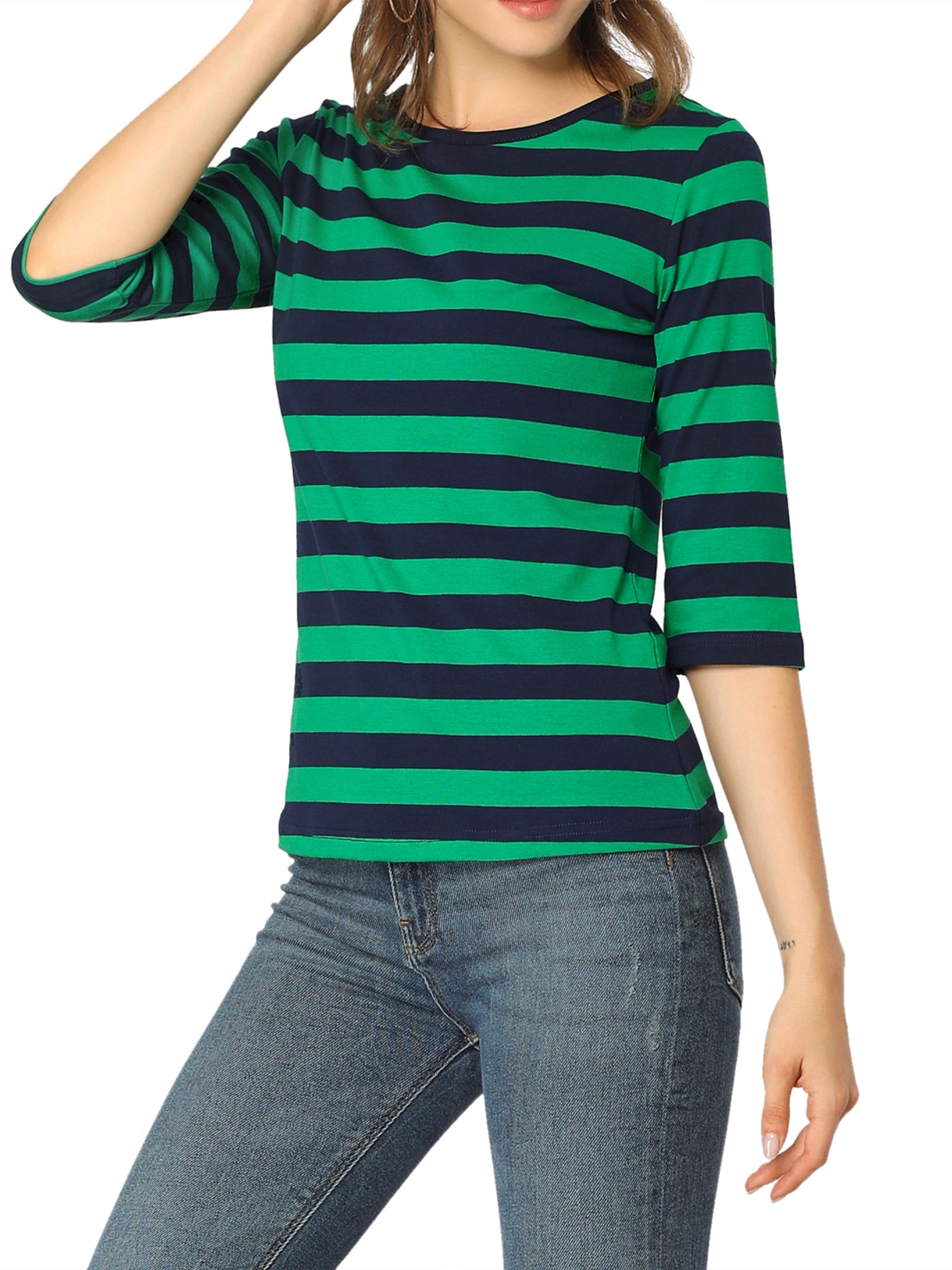 Allegra K Casual Elbow Sleeve Round Neck Striped Printed T-Shirt