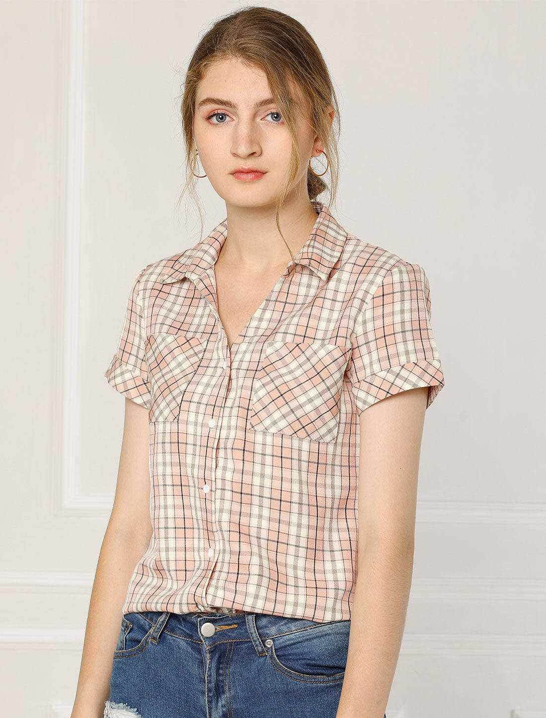 Allegra K Button Down Cotton Classic Western Plaid Shirt