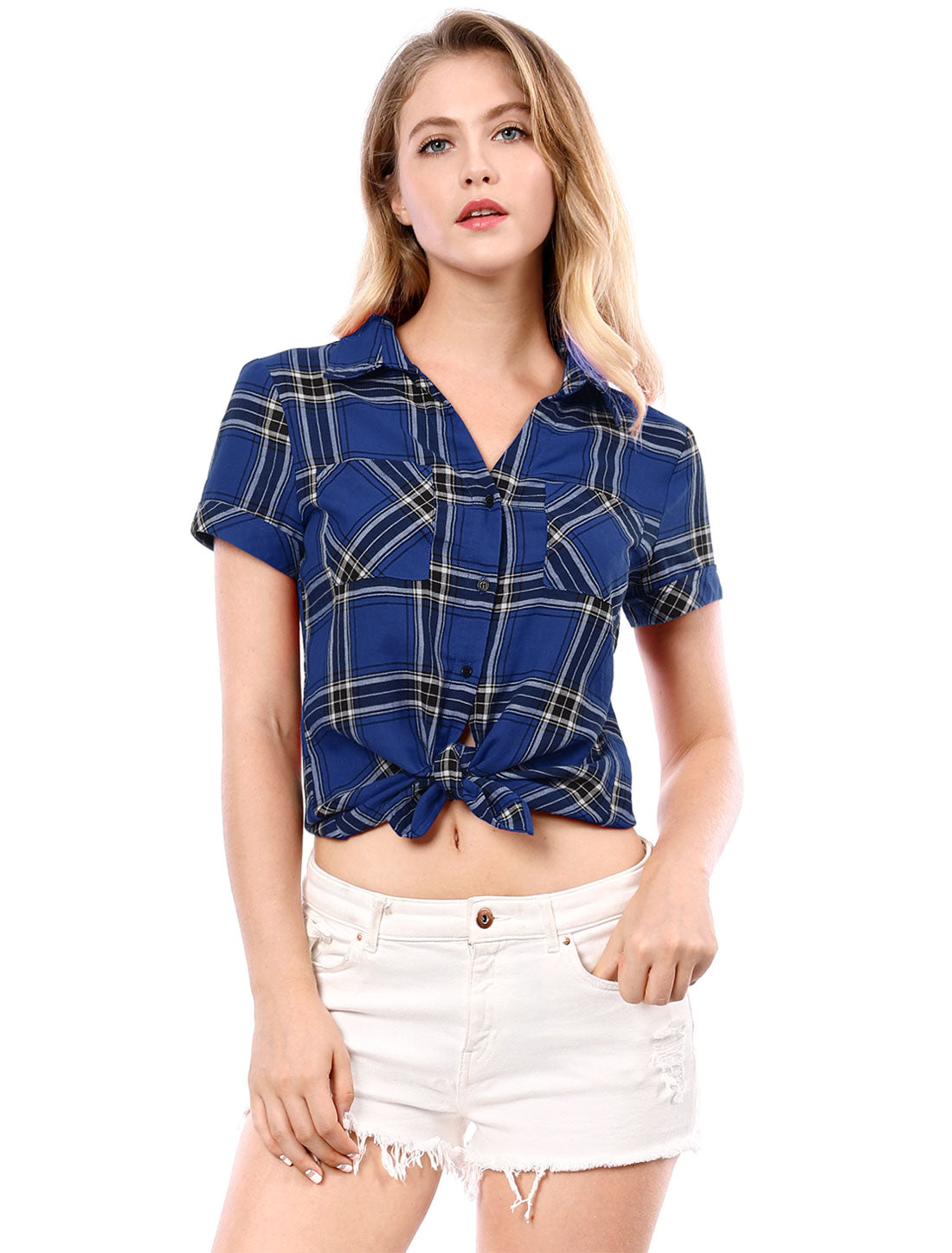 Allegra K Cotton Classic Button Down Plaid Short Sleeve Shirt