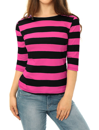 Striped Elbow Sleeve Casual Basic Boat Neck T-shirt