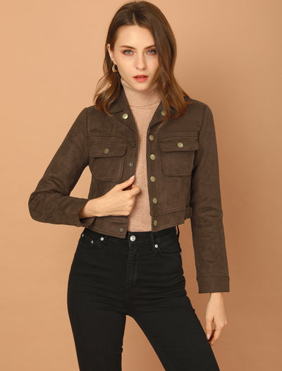 Faux Suede Jacket Button Down Collar Pockets Crop Moto Biker Coat