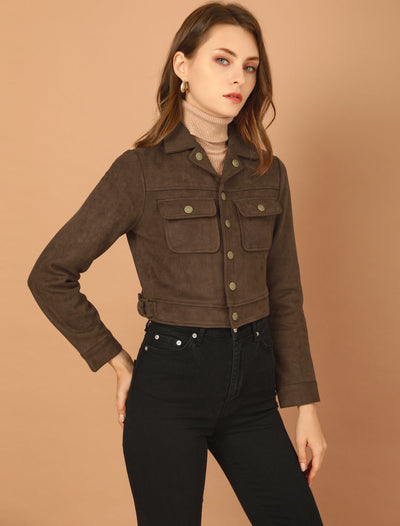 Faux Suede Jacket Button Down Collar Pockets Crop Moto Biker Coat