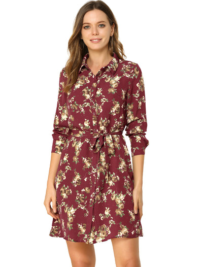 Button Down Floral Collar Tie Belted Mini Shirt Dress