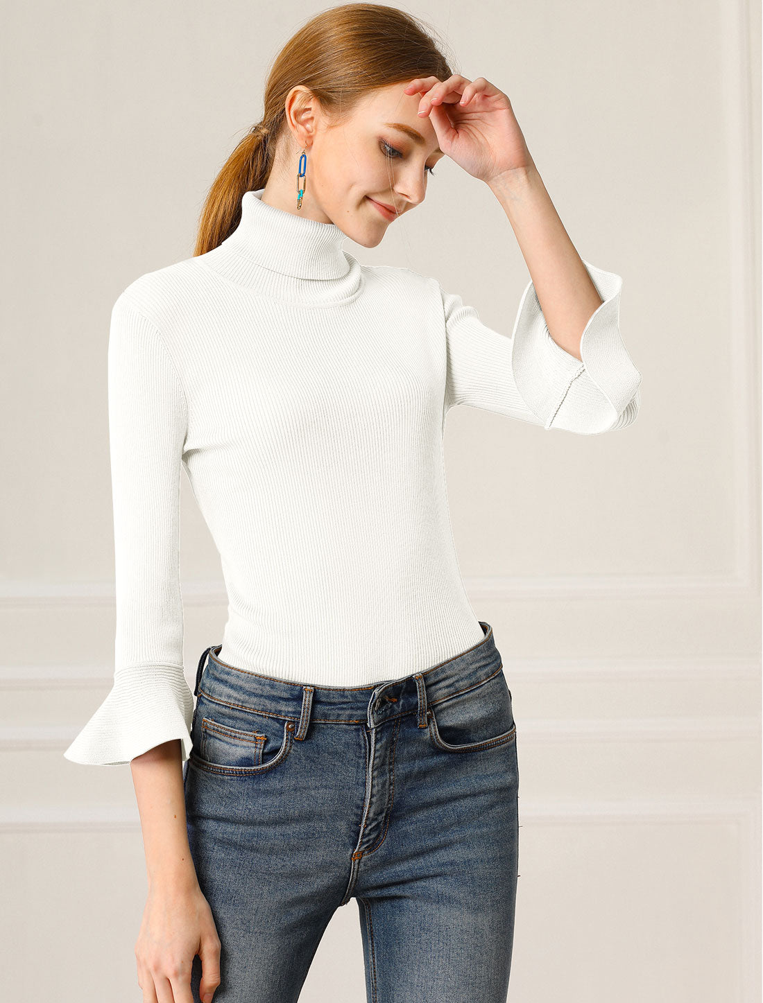 Allegra K Ruffled 3/4 Sleeve Turtleneck Knitted Pullover Sweater