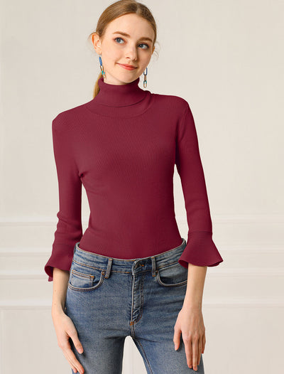 Ruffled 3/4 Sleeve Turtleneck Knitted Pullover Sweater