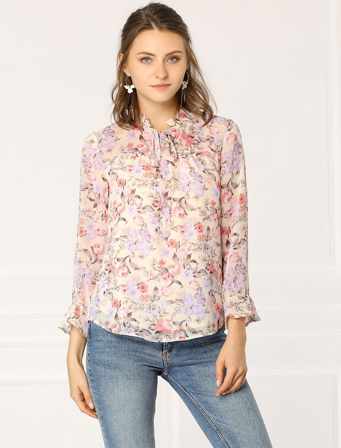 Allegra K Ruffle Collar 3/4 Sleeve Tie Neck Chiffon Floral Blouse Top