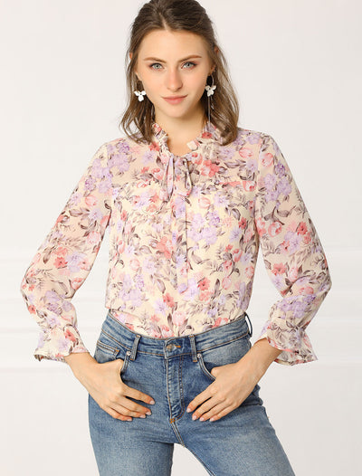 Ruffle Collar 3/4 Sleeve Tie Neck Chiffon Floral Blouse Top