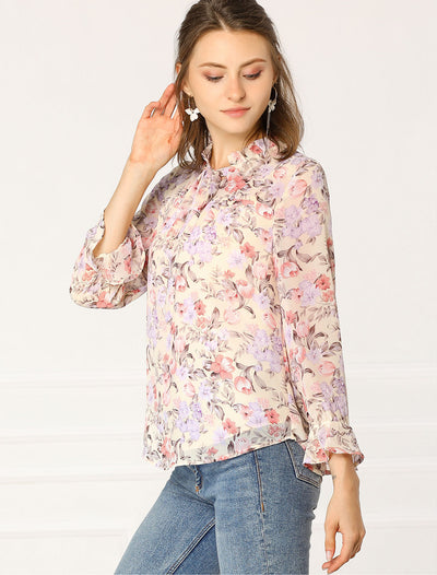 Ruffle Collar 3/4 Sleeve Tie Neck Chiffon Floral Blouse Top