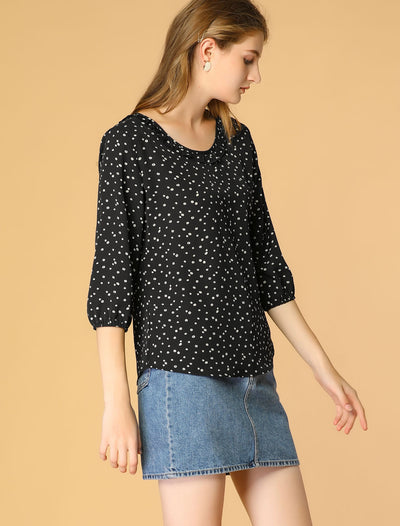 Floral DotsTop Ruffled Neck 3/4 Sleeve Spring Summer Blouse