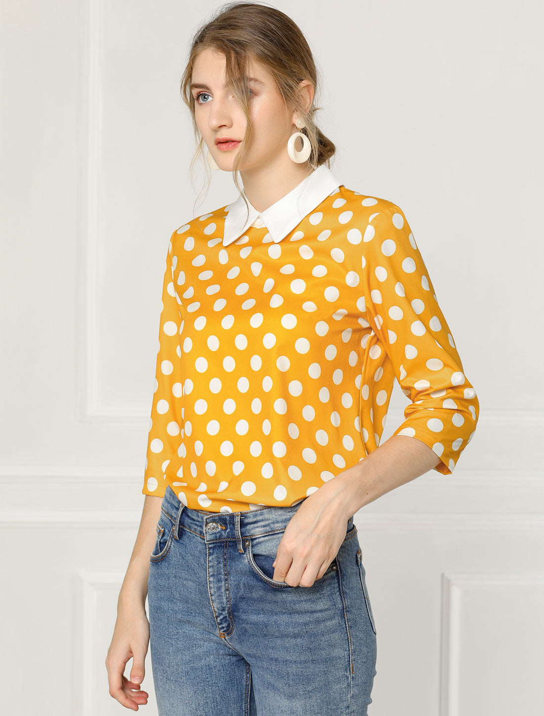 Allegra K Polka Dots Contrast Peter Pan Collar Top 3/4 Sleeve Blouse Shirt