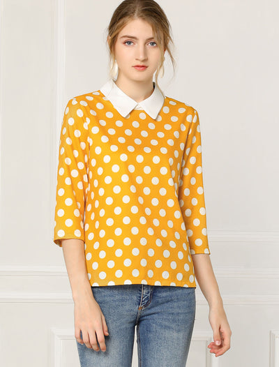 Polka Dots Contrast Peter Pan Collar Top 3/4 Sleeve Blouse Shirt