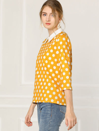 Polka Dots Contrast Peter Pan Collar Top 3/4 Sleeve Blouse Shirt