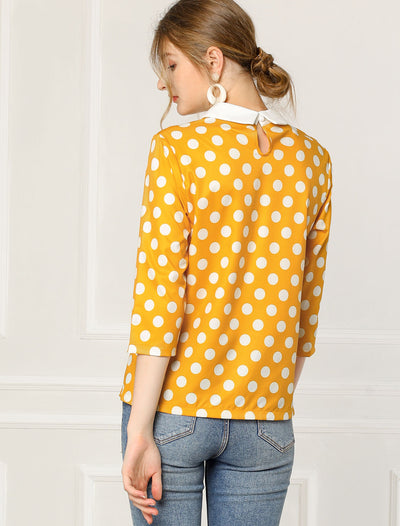 Polka Dots Contrast Peter Pan Collar Top 3/4 Sleeve Blouse Shirt