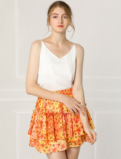 Floral Tiered Ruffle Cute Summer Flowy Chiffon Mini Skirt