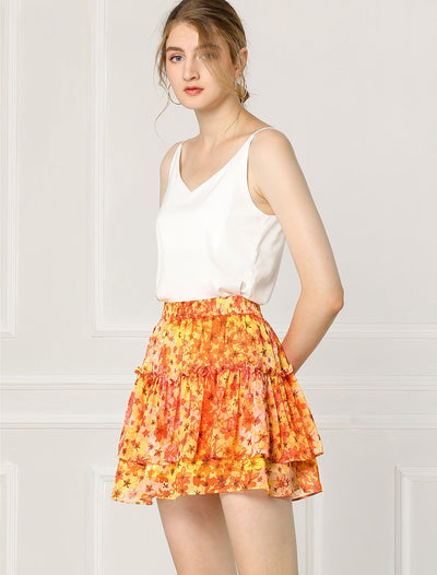 Floral Tiered Ruffle Cute Summer Flowy Chiffon Mini Skirt