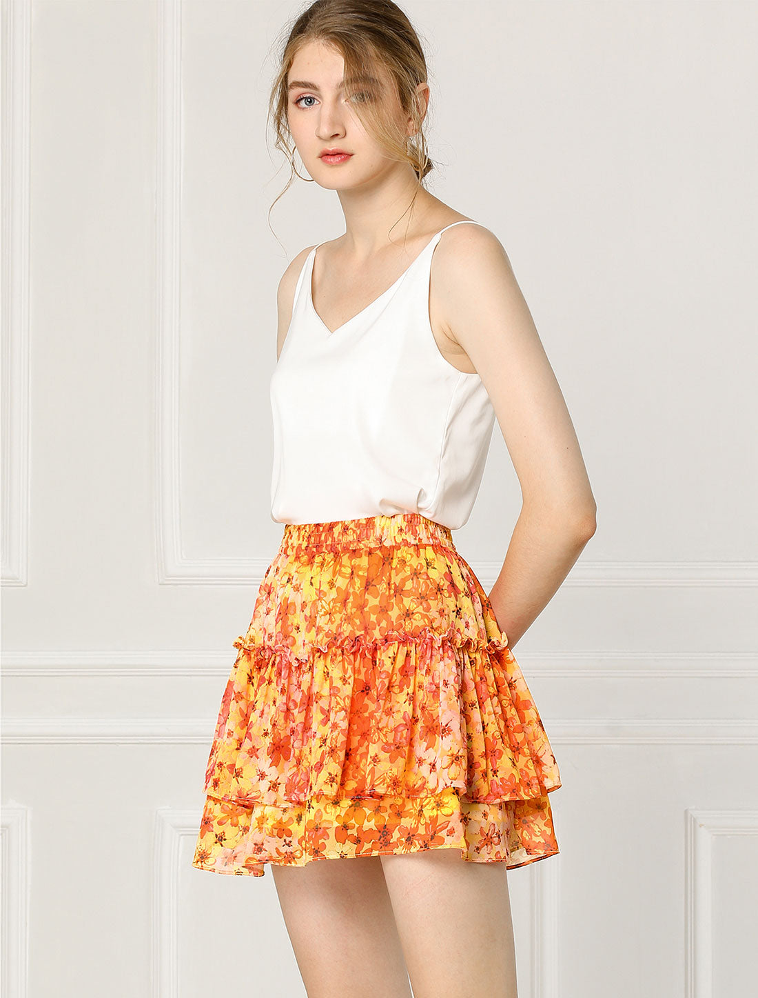 Allegra K Floral Tiered Ruffle Cute Summer Flowy Chiffon Mini Skirt