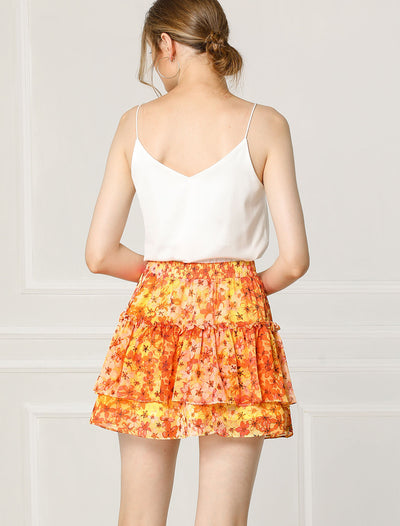 Floral Tiered Ruffle Cute Summer Flowy Chiffon Mini Skirt