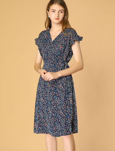 Ditsy Floral V Neck Ruffle Flutter Sleeve Belted Midi Wrap Dress