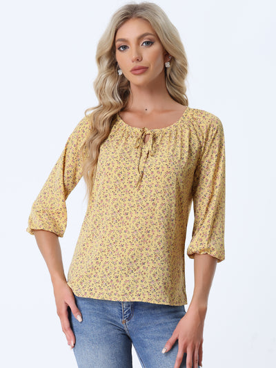 Bow Tie Neck 3/4 Raglan Sleeve Floral Blouse Tops