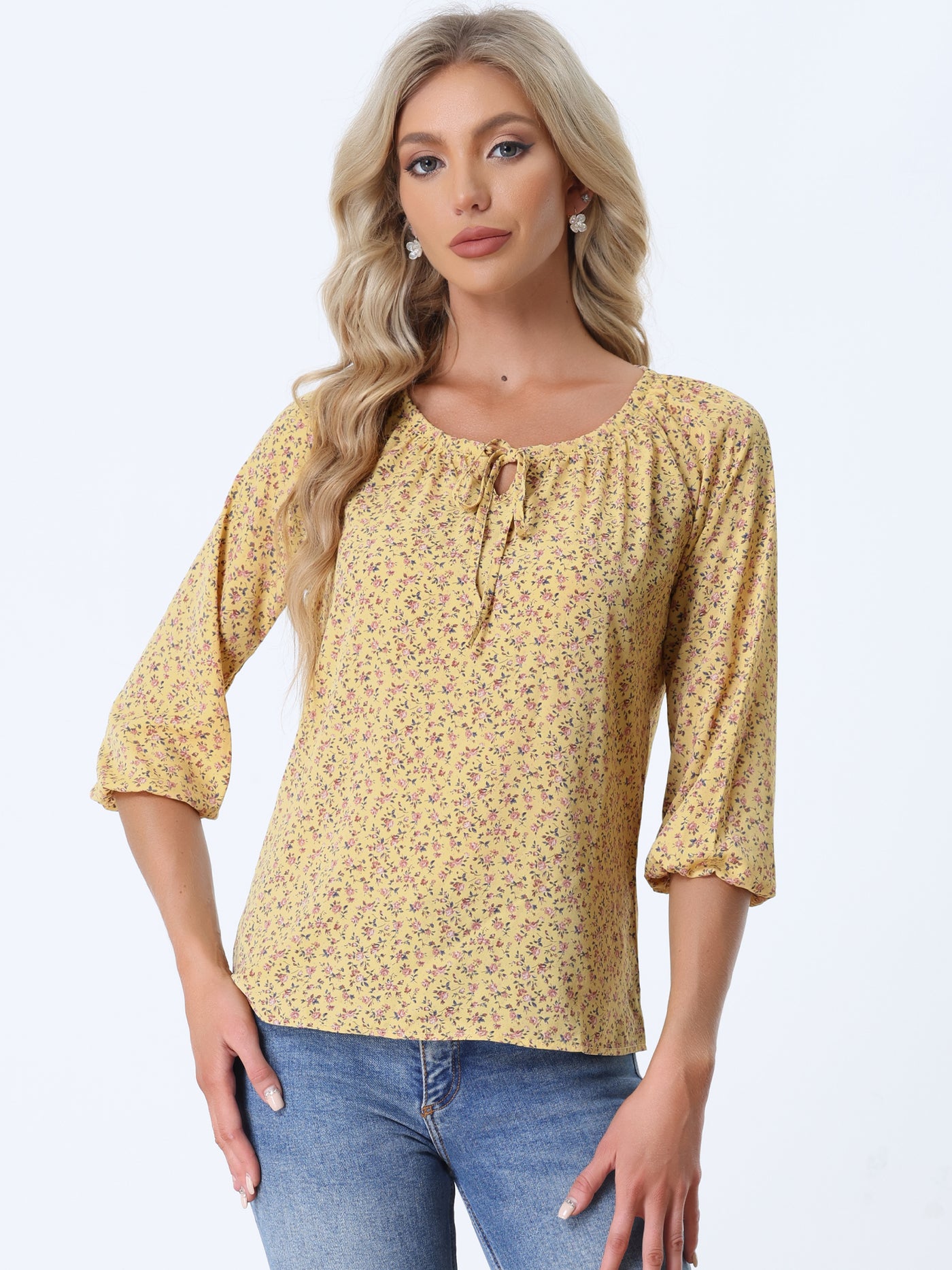 Allegra K Bow Tie Neck 3/4 Raglan Sleeve Floral Blouse Tops