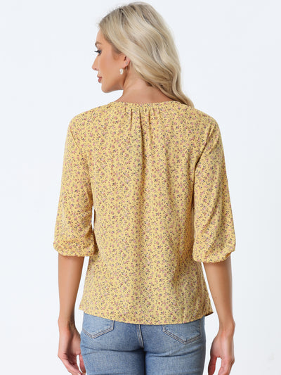 Bow Tie Neck 3/4 Raglan Sleeve Floral Blouse Tops