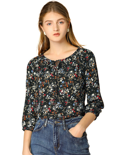 Bow Tie Neck 3/4 Raglan Sleeve Floral Blouse Tops