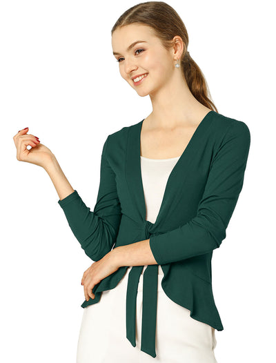 Women's Tie Front Knit Ruffled Long Sleeve Open Cardigan
