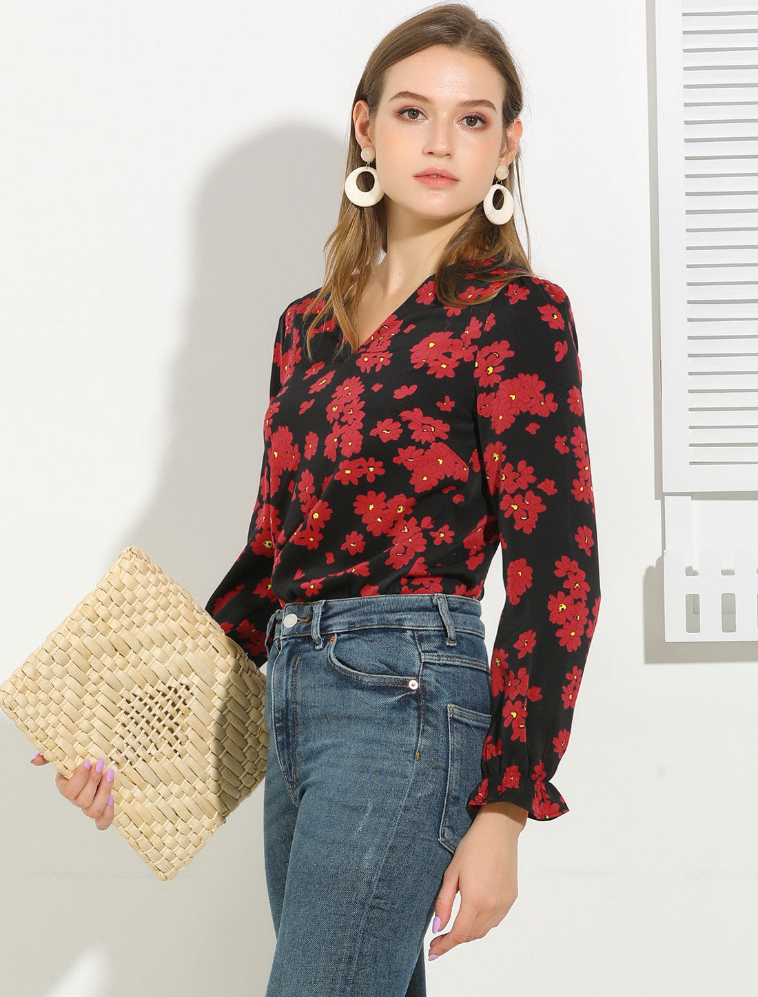 Allegra K Floral Print Puff Shoulder Ruffle Cuff Long Sleeve V Neck Blouse