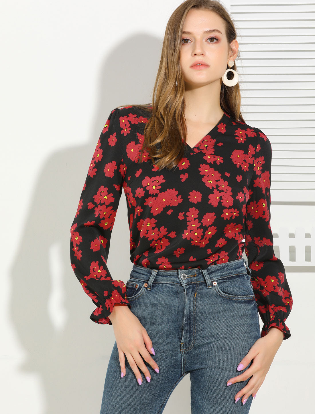 Allegra K Floral Print Puff Shoulder Ruffle Cuff Long Sleeve V Neck Blouse