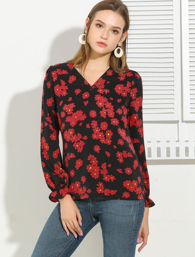 Floral Print Puff Shoulder Ruffle Cuff Long Sleeve V Neck Blouse