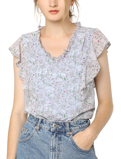 Ruffle Tops Casual V Neck Cap Sleeve Floral Blouse