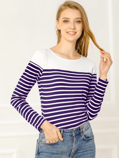 Color Block Long Sleeve Round Neck Striped T-Shirt