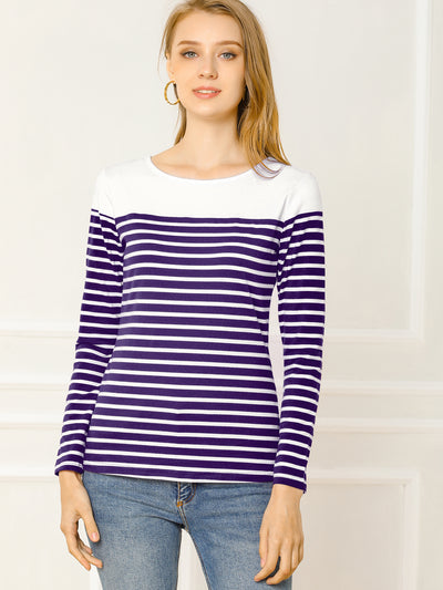 Color Block Long Sleeve Round Neck Striped T-Shirt