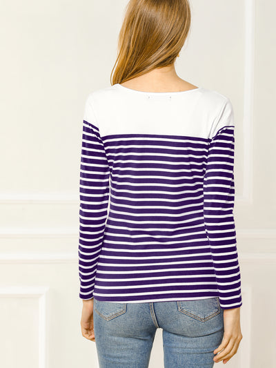 Color Block Long Sleeve Round Neck Striped T-Shirt