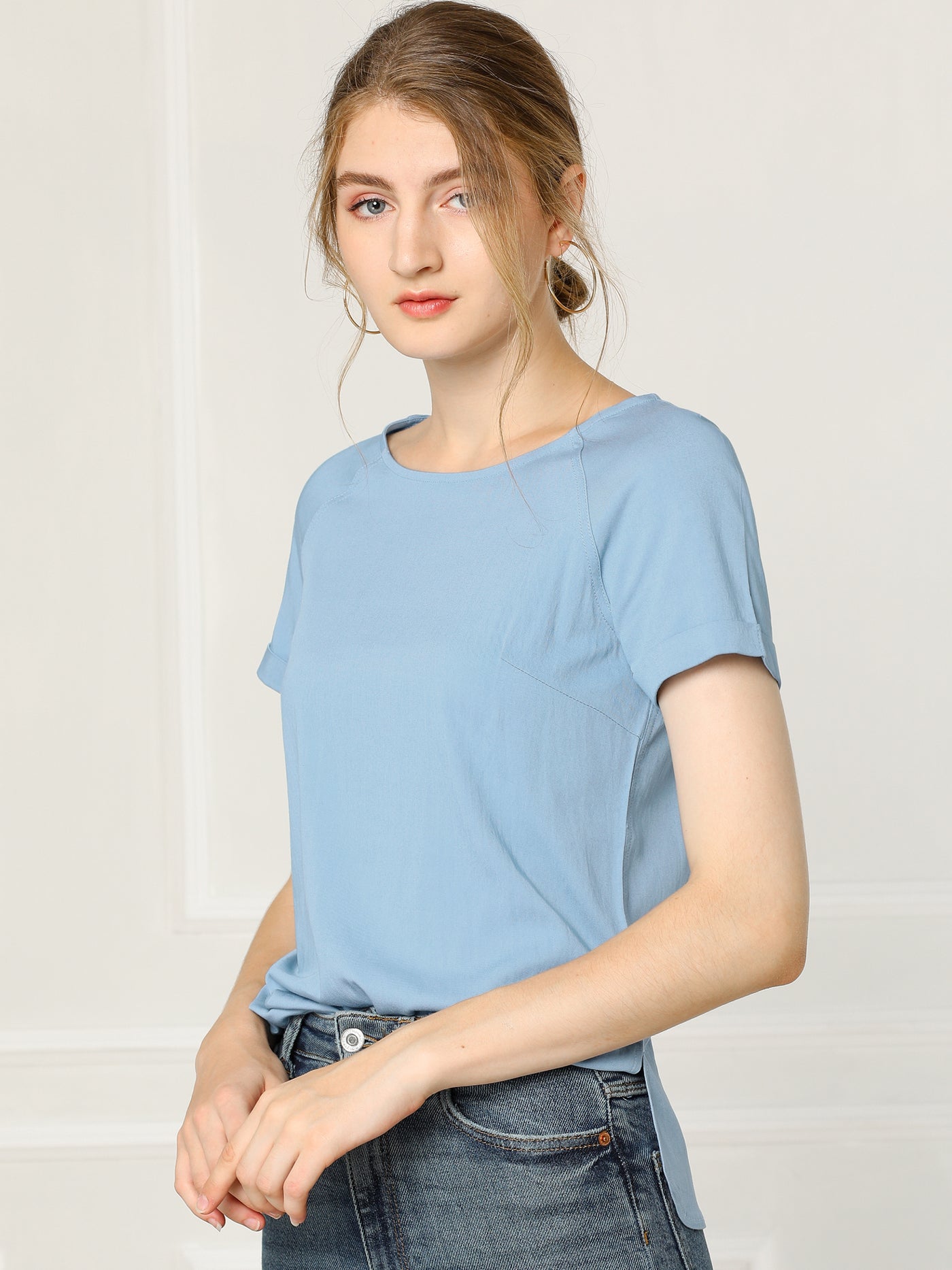 Allegra K Chambray Side Slit Raglan Short Sleeve Top