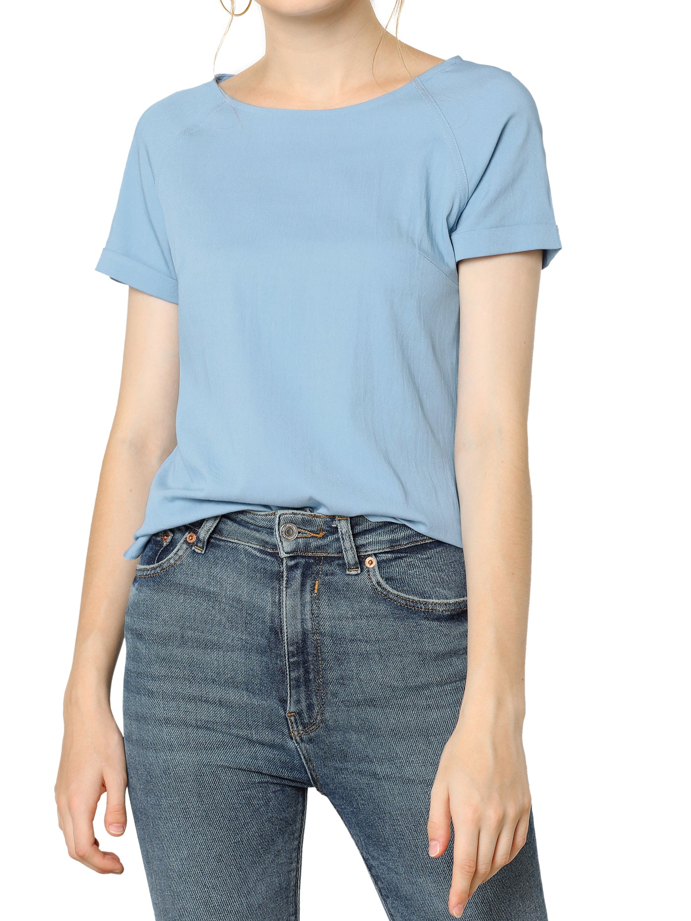 Allegra K Chambray Side Slit Raglan Short Sleeve Top