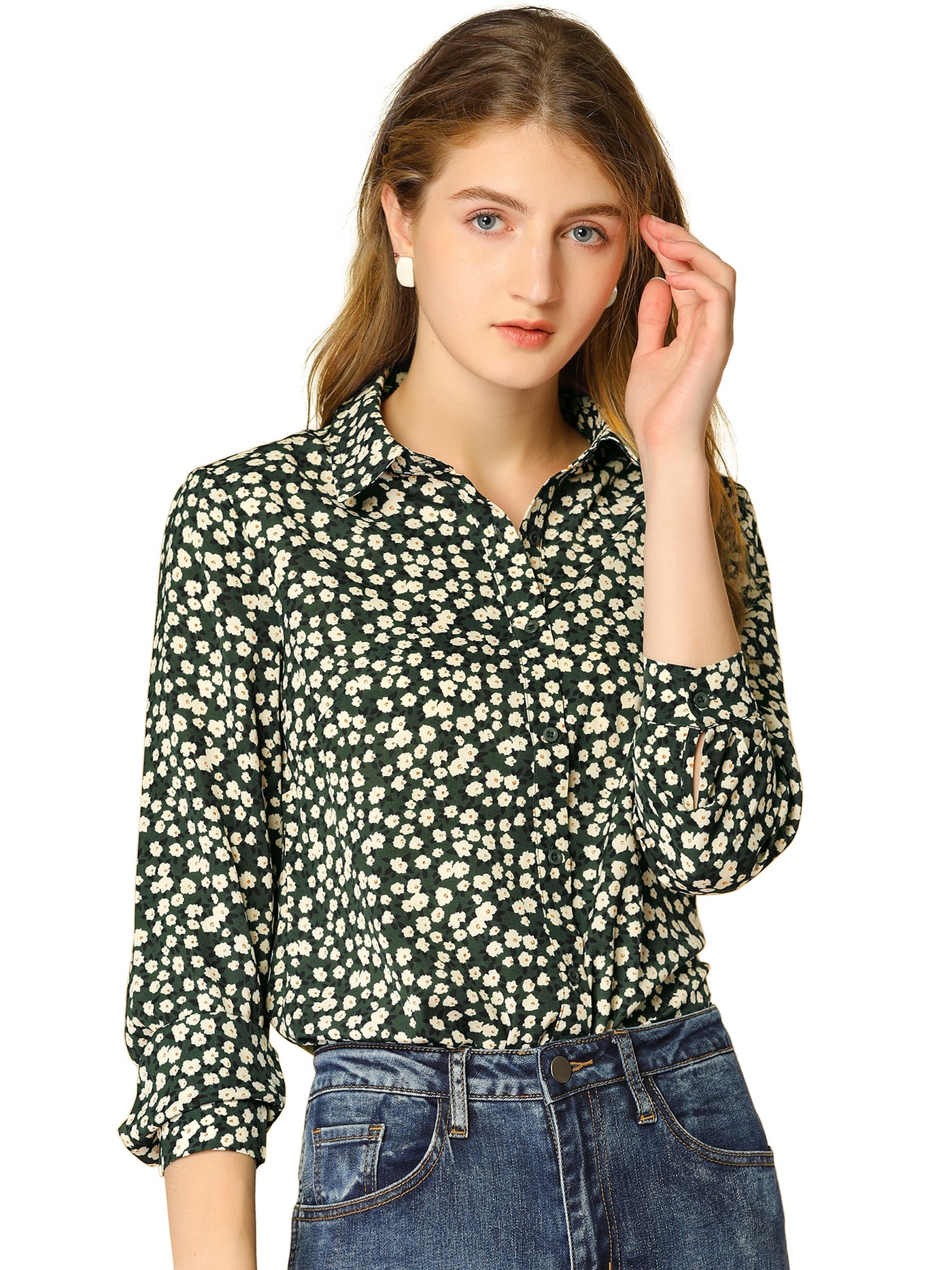 Allegra K Button Down Floral Shirt Blouse Long Sleeve Point Collar Top