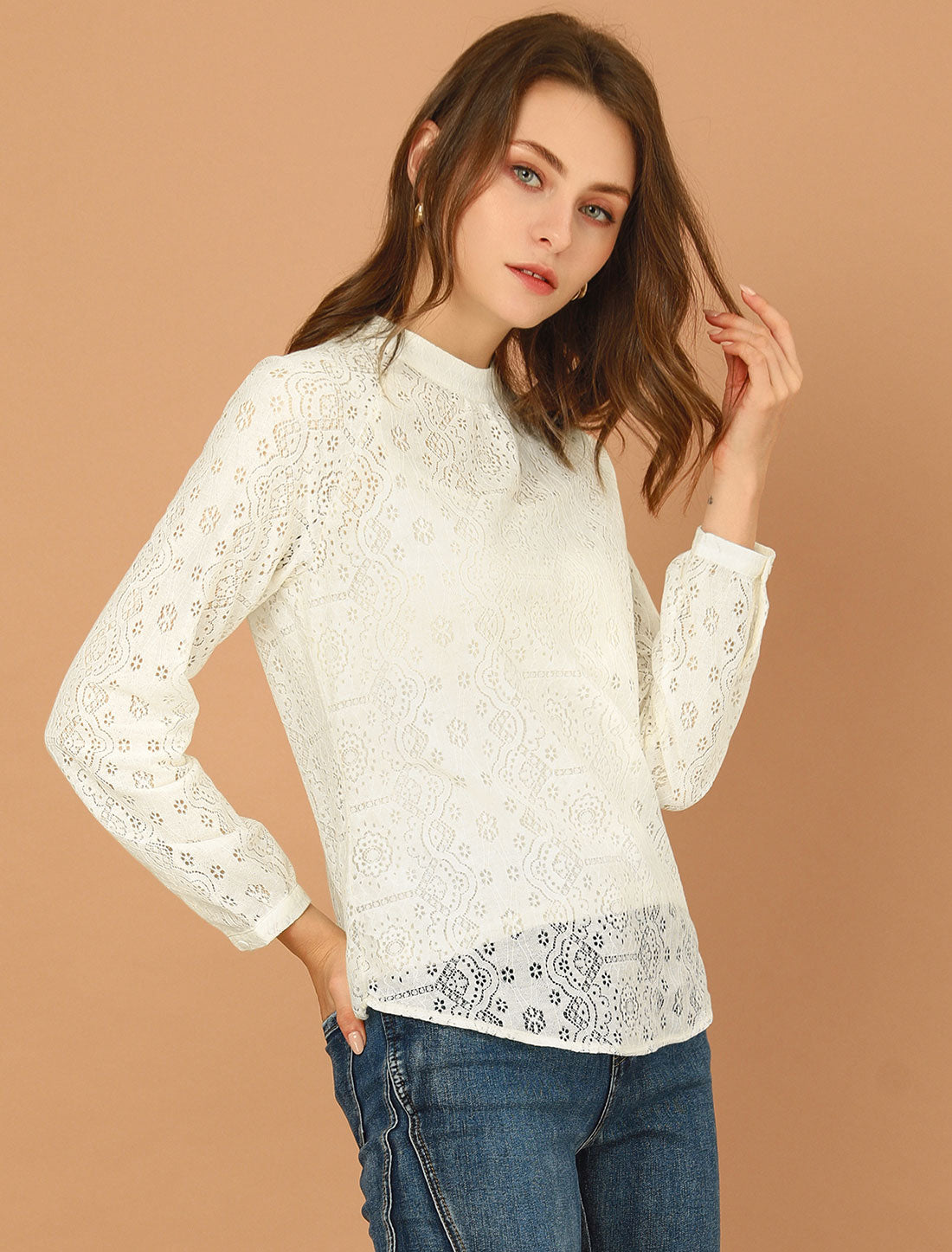 Allegra K Lace Long Sleeve Floral Vintage Stand Collar Eyelet Blouse