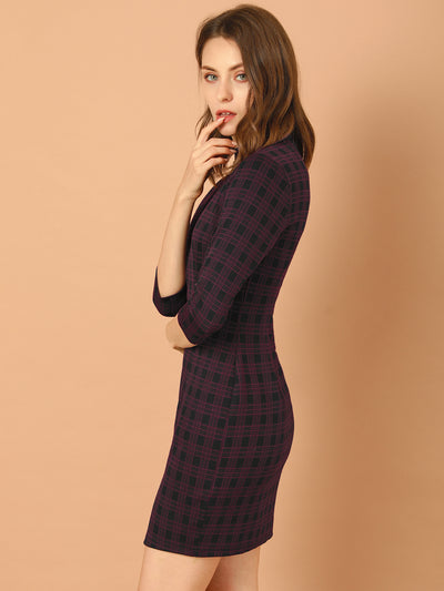 Mock Neck 3/4 Sleeve Slim Check Office Work Plaid Dress