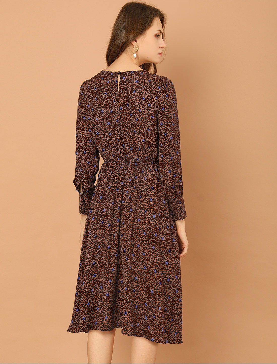 Allegra K Puff Long Sleeve Fit and Flare Round Neck Floral Dress