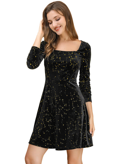 Christmas Stars Square Neck Vintage Velvet Mini Dress