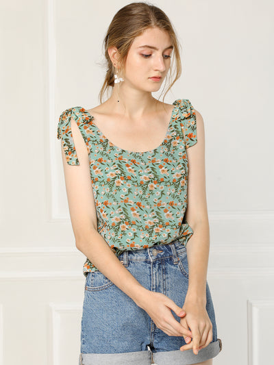 Boho Floral Print Casual Chiffon Tie Shoulders Tank Top