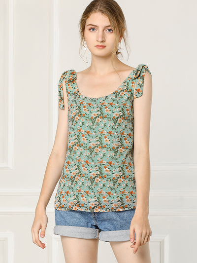 Boho Floral Print Casual Chiffon Tie Shoulders Tank Top