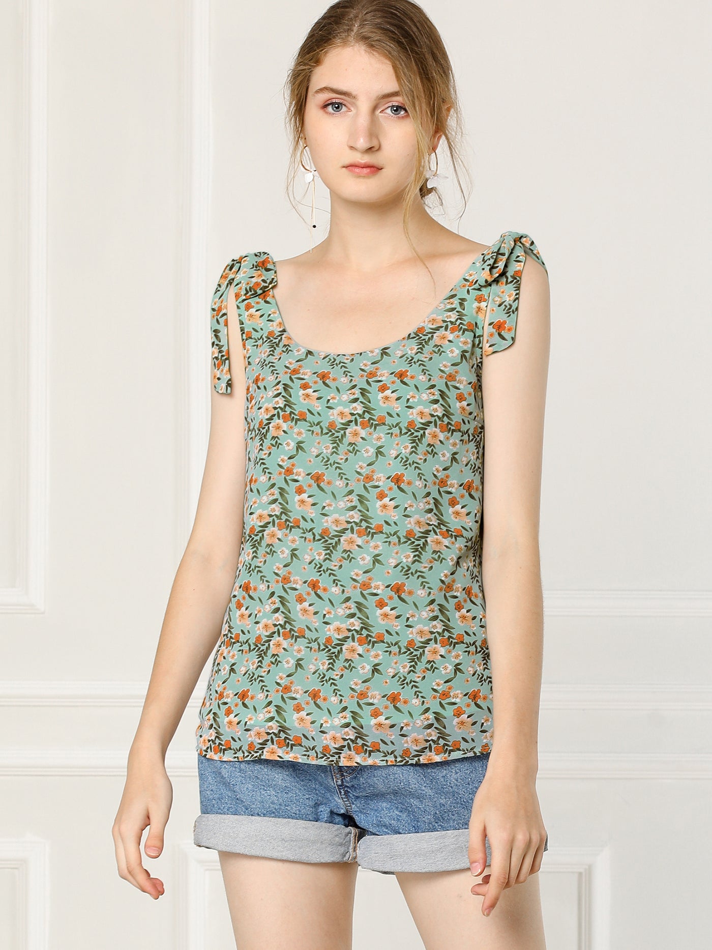 Allegra K Boho Floral Print Casual Chiffon Tie Shoulders Tank Top