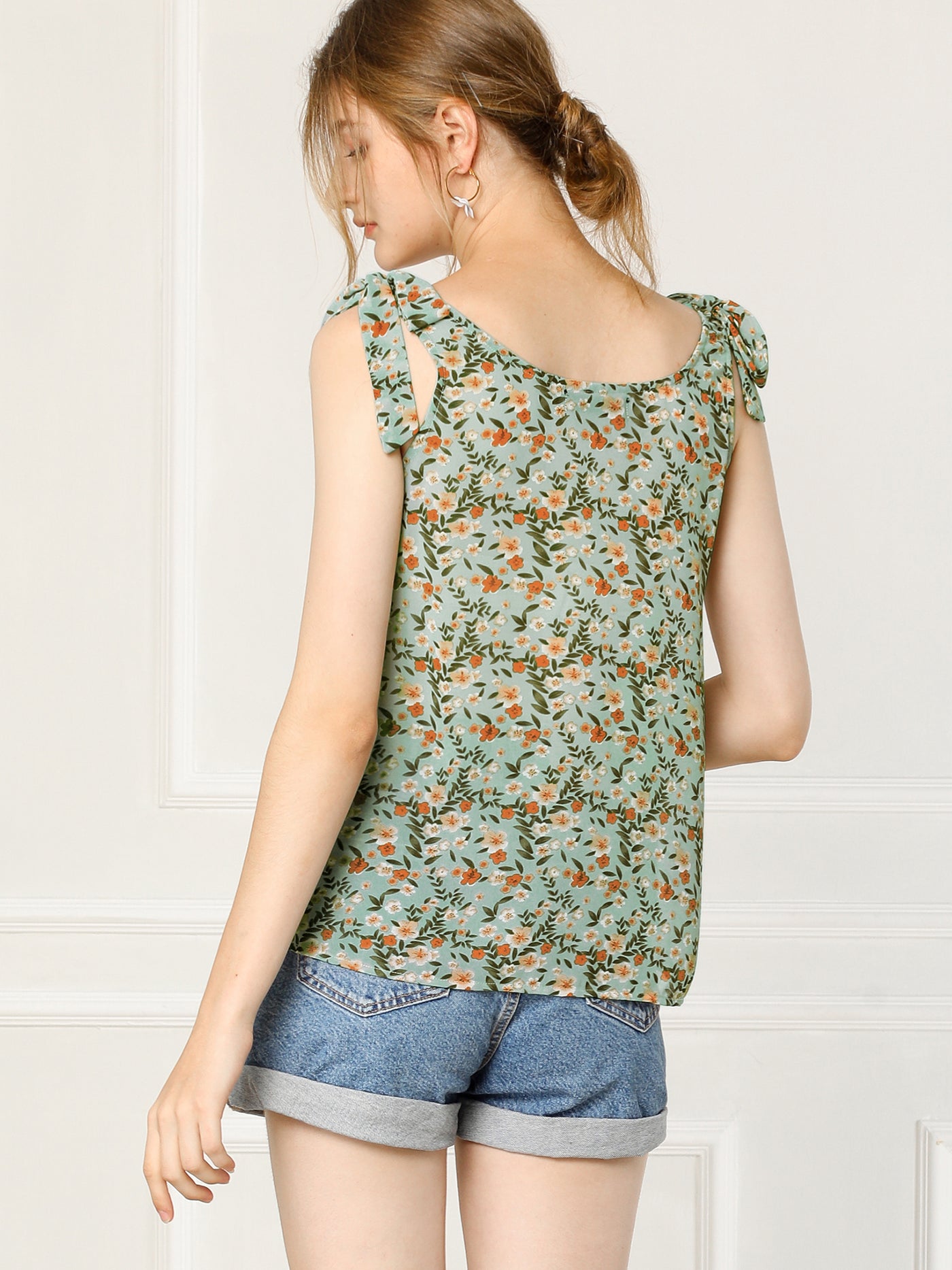 Allegra K Boho Floral Print Casual Chiffon Tie Shoulders Tank Top